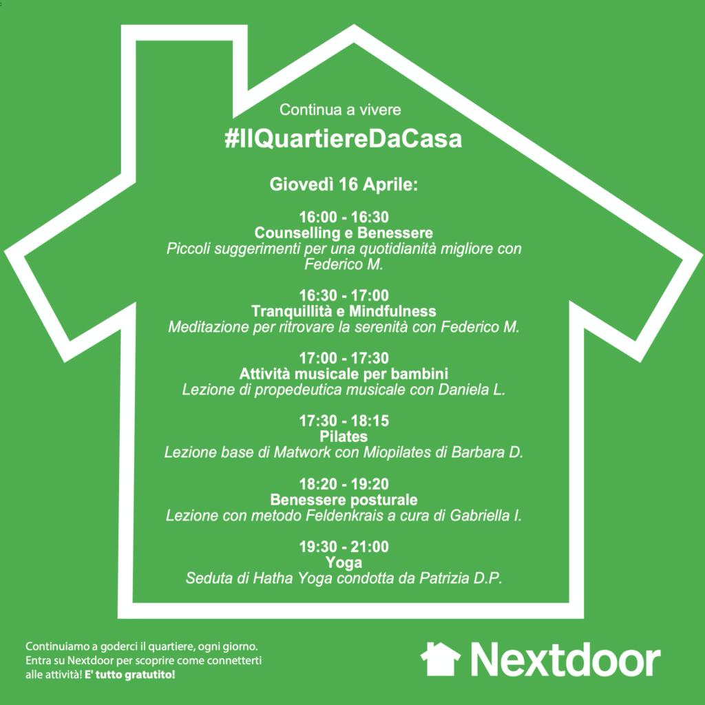 Locandina Nextdoor #IlQuartiereDaCasa Lista Di Eventi Online a Milano il 16 Aprile